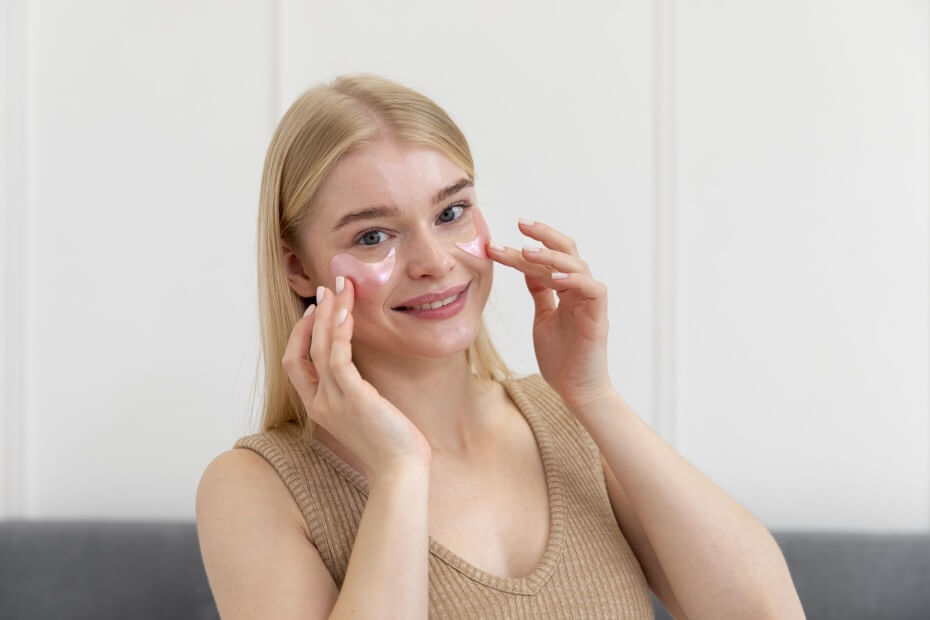 Joven poniéndose parches en los ojos para reducir sus ojeras como lo recomienda Foriu.