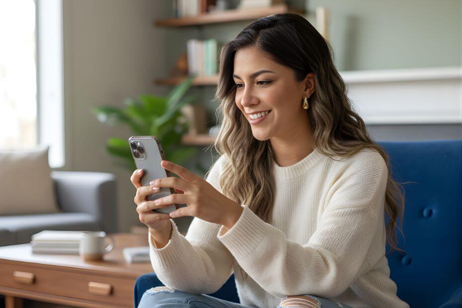 Chica sosteniendo teléfono, mientras agenda su sesión de peinado y maquillaje a domicilio para eventos sociales en Colombia
