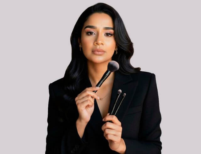 Coach maquillista profesional de Foriu, posando de frente con playera negra, especialista en peinado y maquillaje a domicilio para bodas y eventos sociales