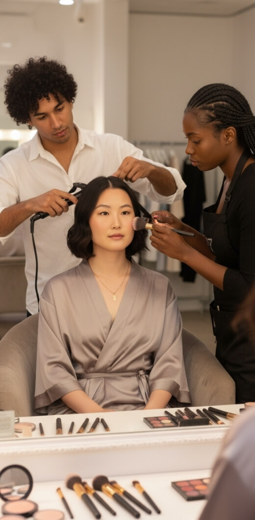 Girl having her hair and makeup done for a social event in Austin by Foriu Pros, available for home service