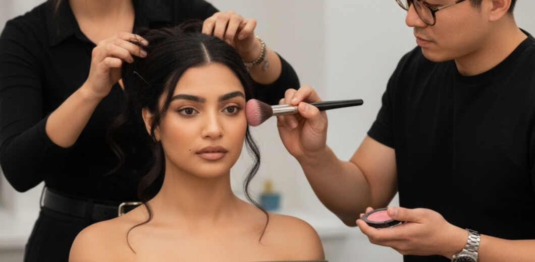 Girl having her makeup and hair done for a social event in Chicago, available for home service