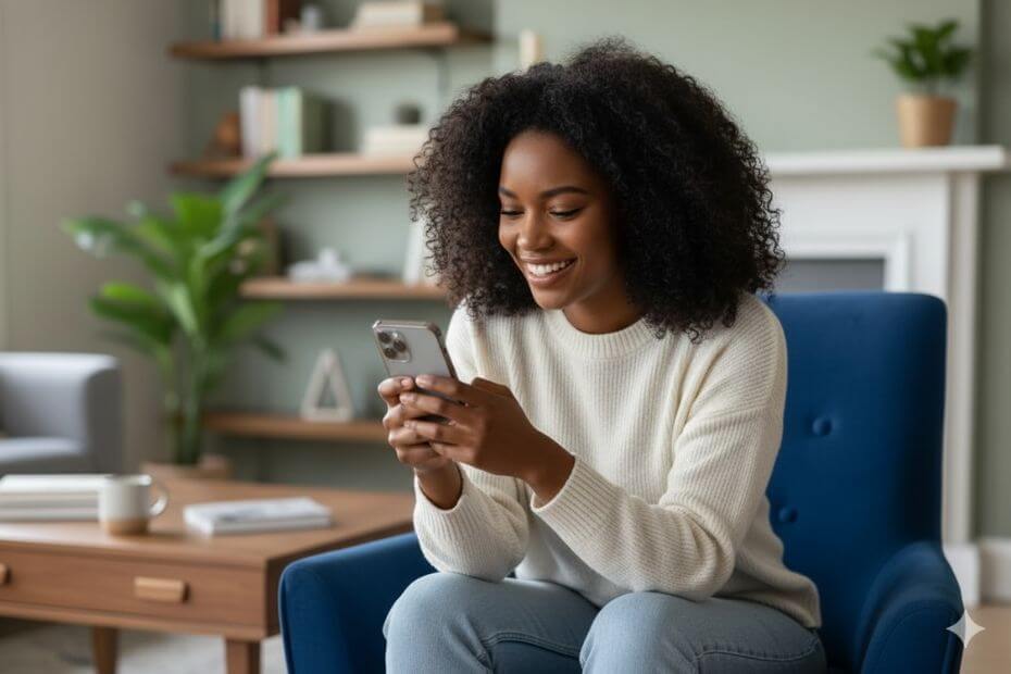Girl holding her phone while booking her at-home hair and makeup service